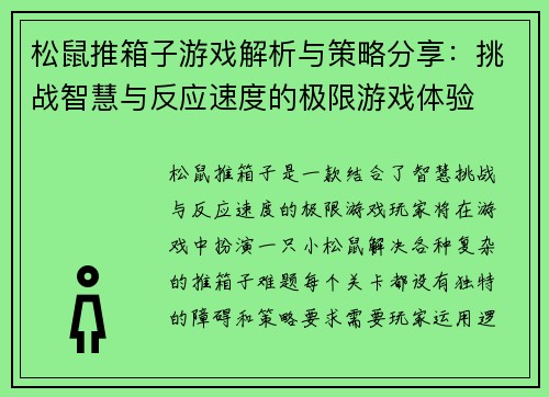 松鼠推箱子游戏解析与策略分享：挑战智慧与反应速度的极限游戏体验